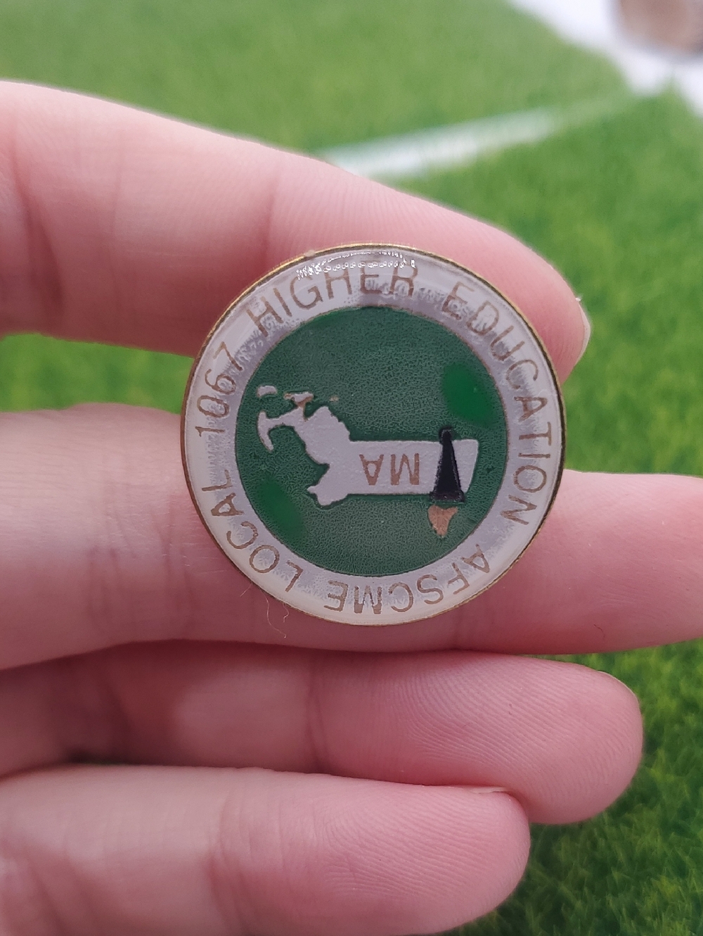 Vintage MA Higher Education Badge Pin - Green & White B910